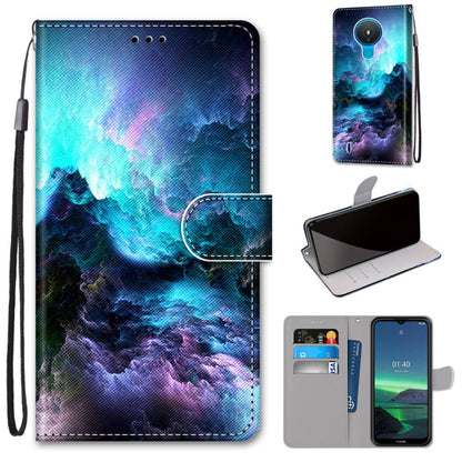 Phone wallet case with blue galaxy mountain print, magnetic flap, card slots, wrist strap