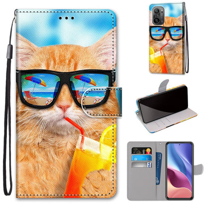 Phone wallet case with orange cat wearing glasses print, magnetic flap, card slots, wrist strap