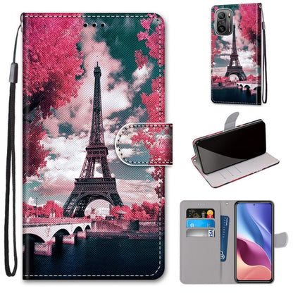 Phone wallet case with Eiffel Tower pink sky print, magnetic flap, card slots, wrist strap
