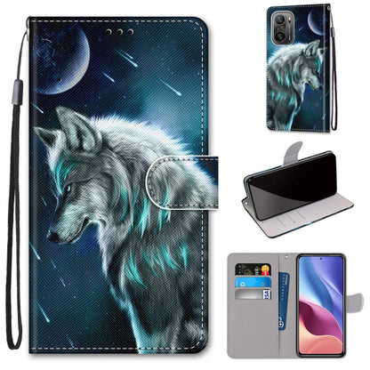 Phone wallet case with night wolf print, magnetic flap, card slots, wrist strap