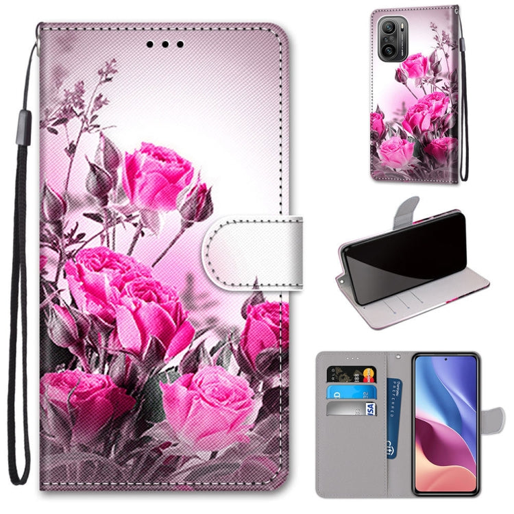 Pink rose print PU leather phone wallet case with flip cover, card slots, lanyard strap
