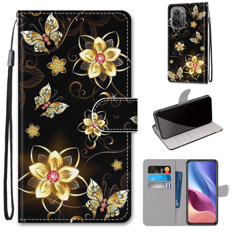 Gold butterfly and flower print PU leather phone wallet case with flip cover, card slots