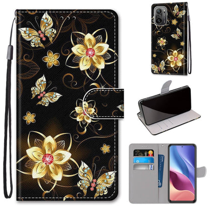 Gold butterfly and flower print PU leather phone wallet case with flip cover, card slots