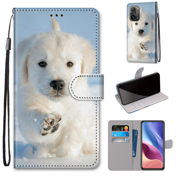White puppy portrait PU leather phone wallet case with flip cover, card slots, lanyard strap