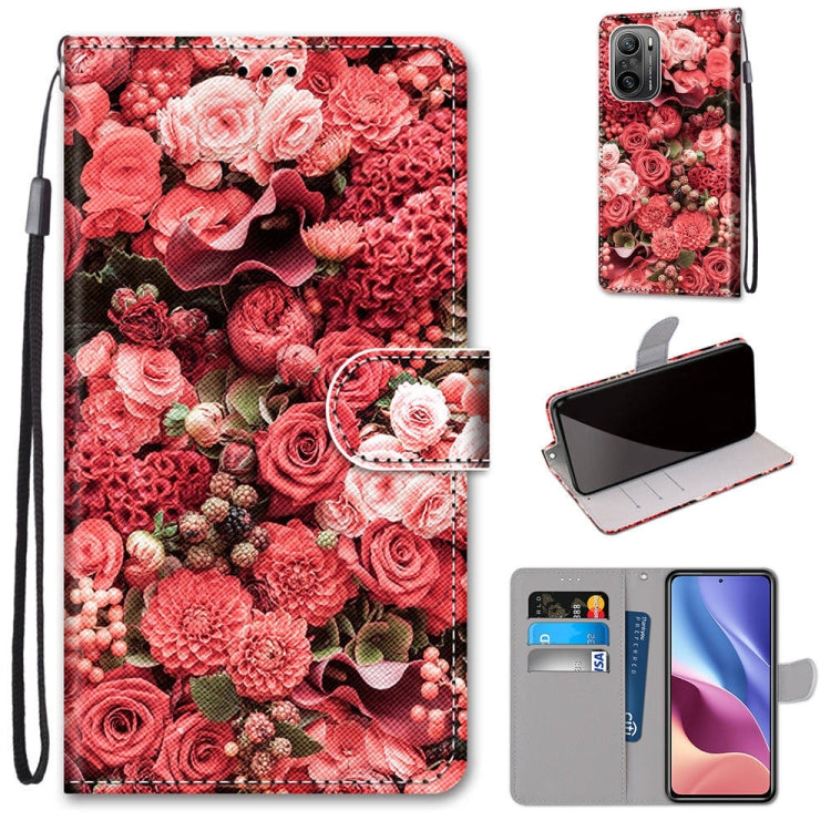 Red rose print PU leather phone wallet case with flip cover, card slots, lanyard strap