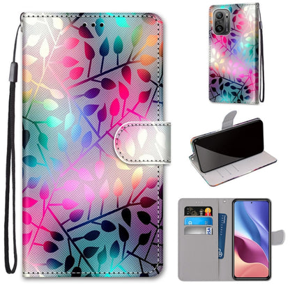 Colorful floral leaf print PU leather phone wallet case with flip cover, card slots, lanyard strap