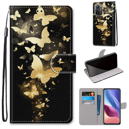 Gold butterfly star print PU leather phone wallet case with flip cover, card slots, lanyard strap