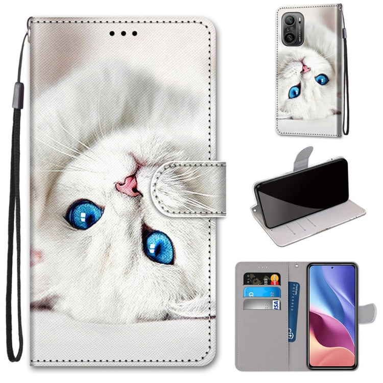 PU leather phone wallet case with lanyard strap, flip cover, card slots, white cat design