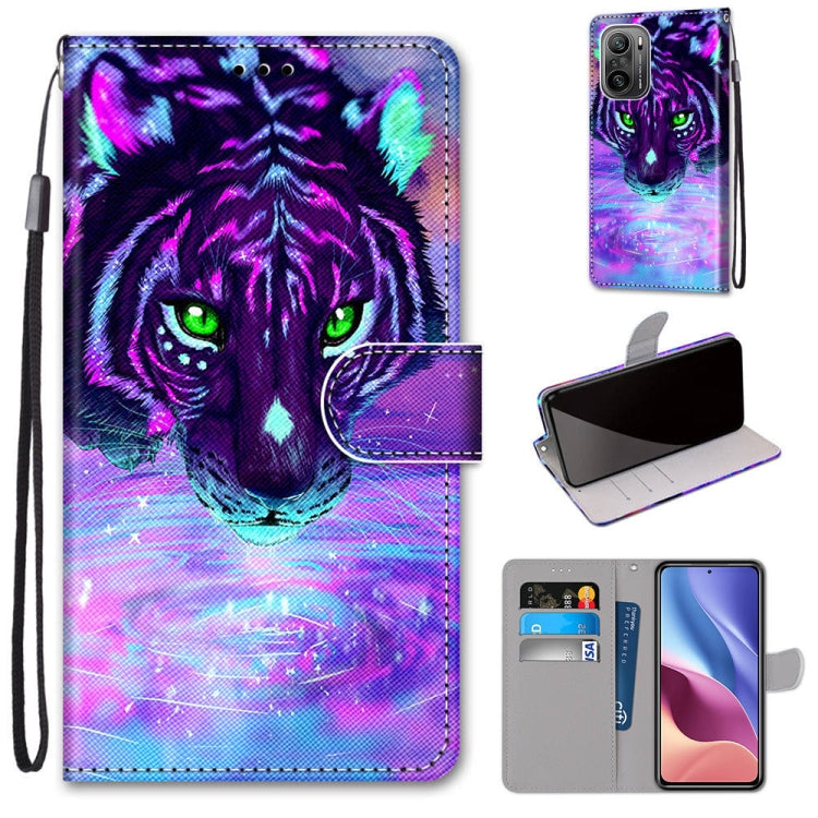 PU leather phone wallet case with lanyard strap, flip cover, card slots, purple tiger design