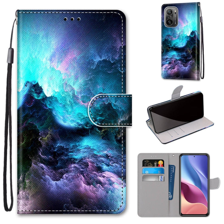 PU leather phone wallet case with lanyard strap, flip cover, card slots, blue galaxy design