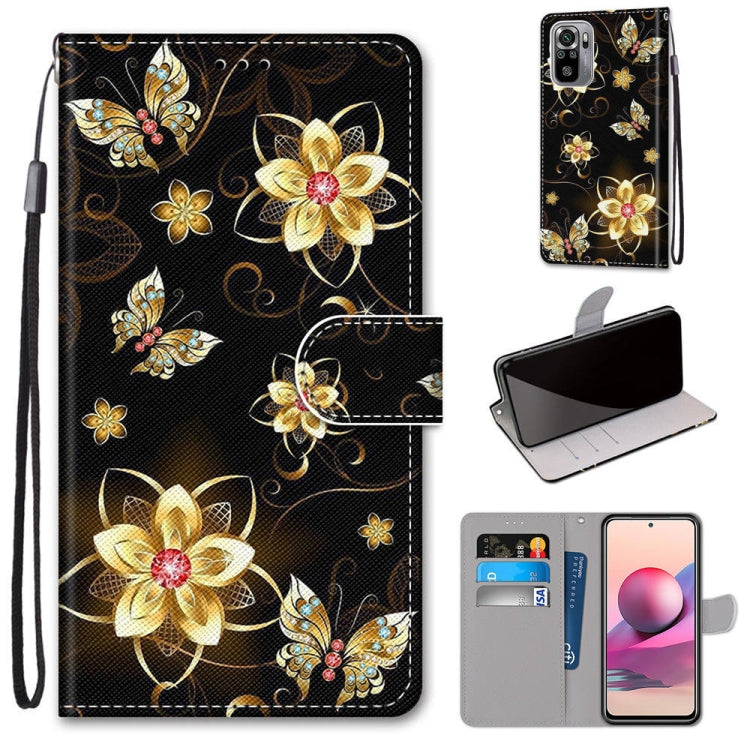 Flip PU leather phone case with card slots, black with gold butterfly flower design, lanyard