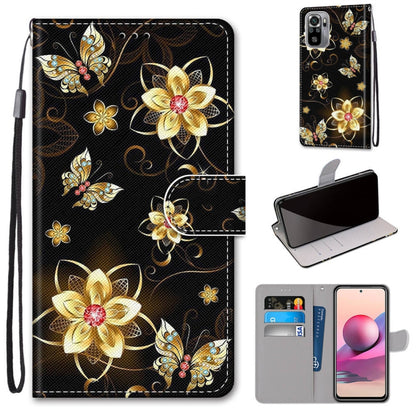 Flip PU leather phone case with card slots, black with gold butterfly flower design, lanyard