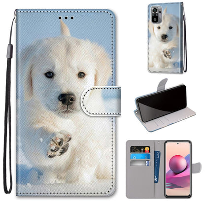 Flip PU leather phone case with card slots, white dog portrait design, wrist lanyard