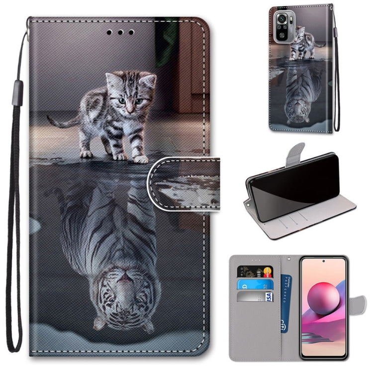 Flip PU leather phone case with card slots, gray cat reflection design, wrist lanyard