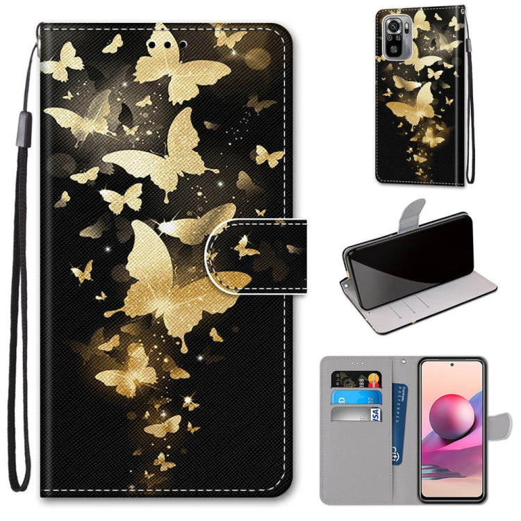 Flip PU leather phone case with card slots, golden butterflies and stars design, wrist lanyard