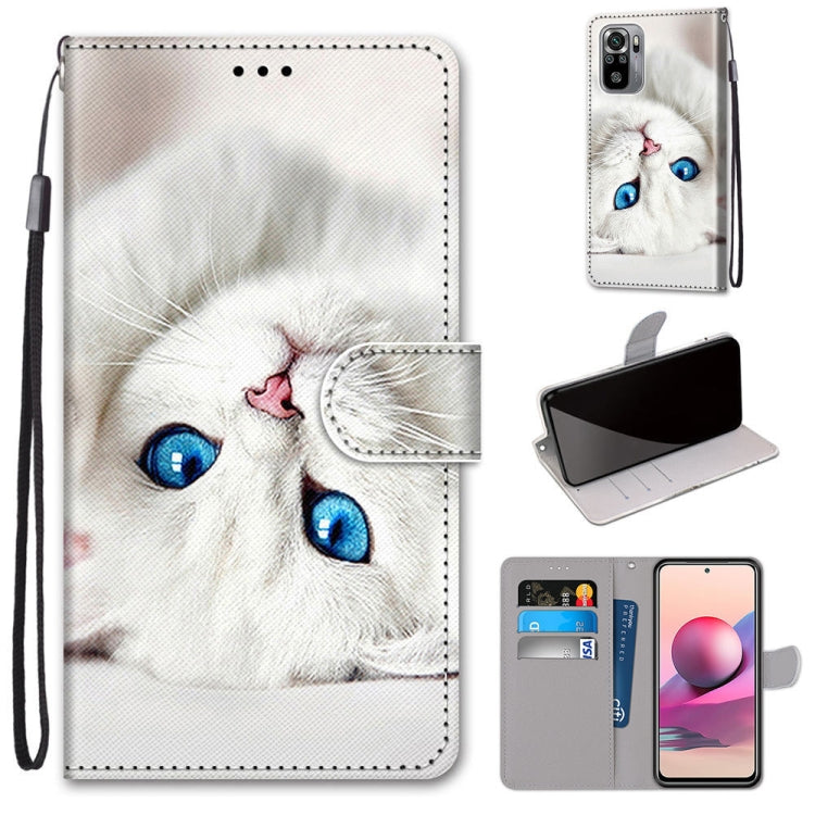 Flip PU leather phone wallet case with white cat graphic, card holder and lanyard strap