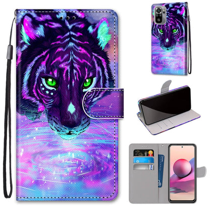 Flip PU leather phone wallet case with purple tiger graphic, card holder and lanyard strap