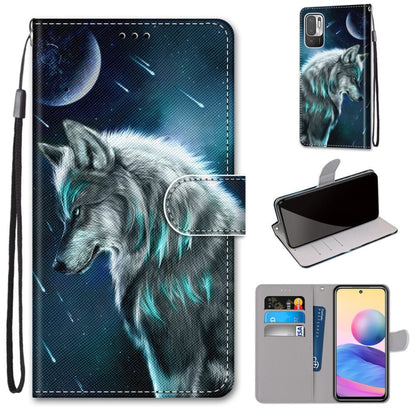 Flip PU leather phone wallet case with blue moon wolf graphic, card holder and lanyard strap