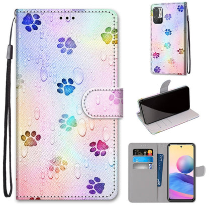 Flip PU leather phone wallet case with colorful paw print pattern, card holder and lanyard strap