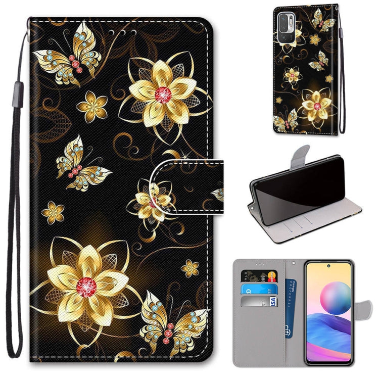 Black PU leather flip phone wallet case with gold flower and butterfly design, card slots