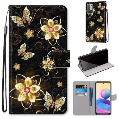 Black PU leather flip phone wallet case with gold flower and butterfly design, card slots