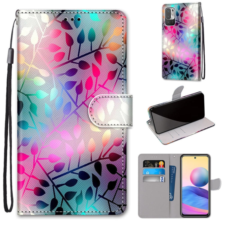 Colorful leaf-pattern PU leather flip phone wallet case with card slots and strap