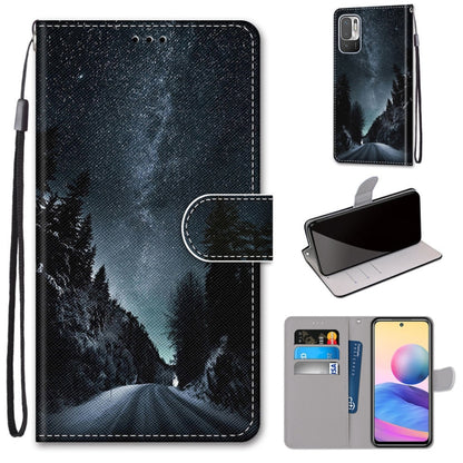 Dark blue PU leather flip phone wallet case with mountain and forest scene, card slots