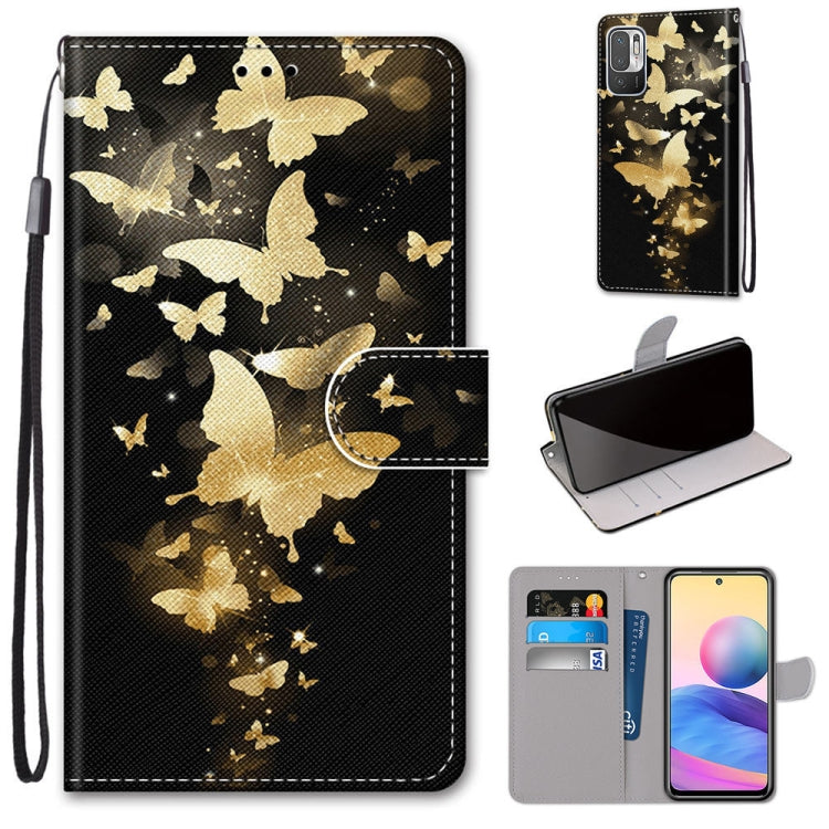 Black PU leather flip phone wallet case with gold butterflies, card slots, and strap