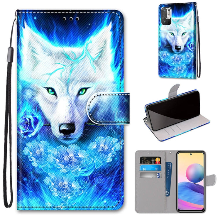 PU leather flip wallet phone case with lanyard, blue wolf design, card slots and holder