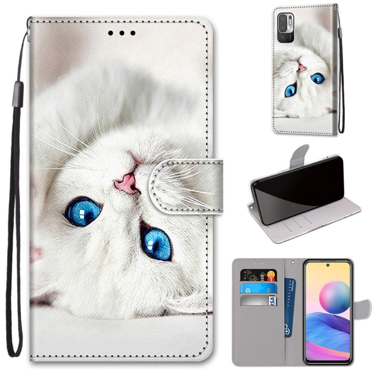 PU leather flip wallet phone case with lanyard, white cat design, card slots and holder
