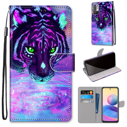 PU leather flip wallet phone case with lanyard, purple tiger design, card slots and holder