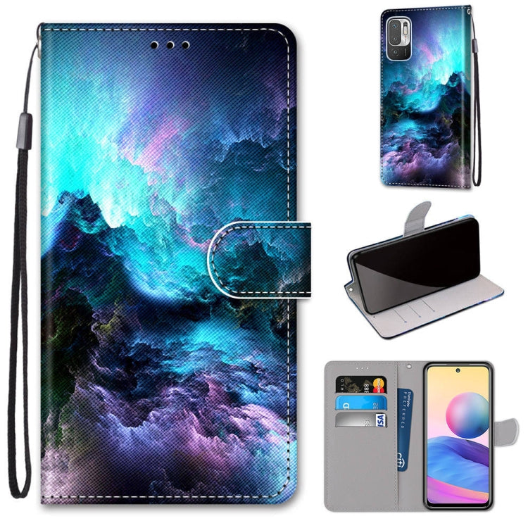 PU leather flip wallet phone case with lanyard, blue cloud mountain design, card slots and holder