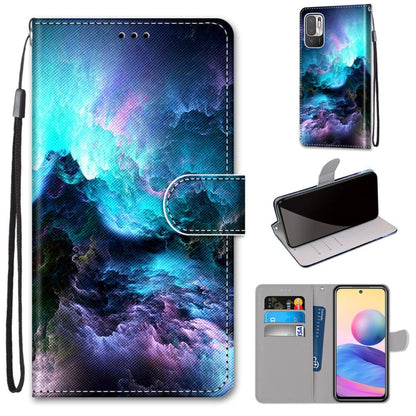 PU leather flip wallet phone case with lanyard, blue cloud mountain design, card slots and holder