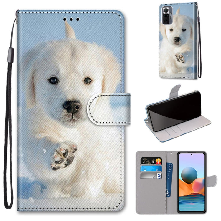 Flip PU leather phone wallet case with white dog portrait, card slots, and strap