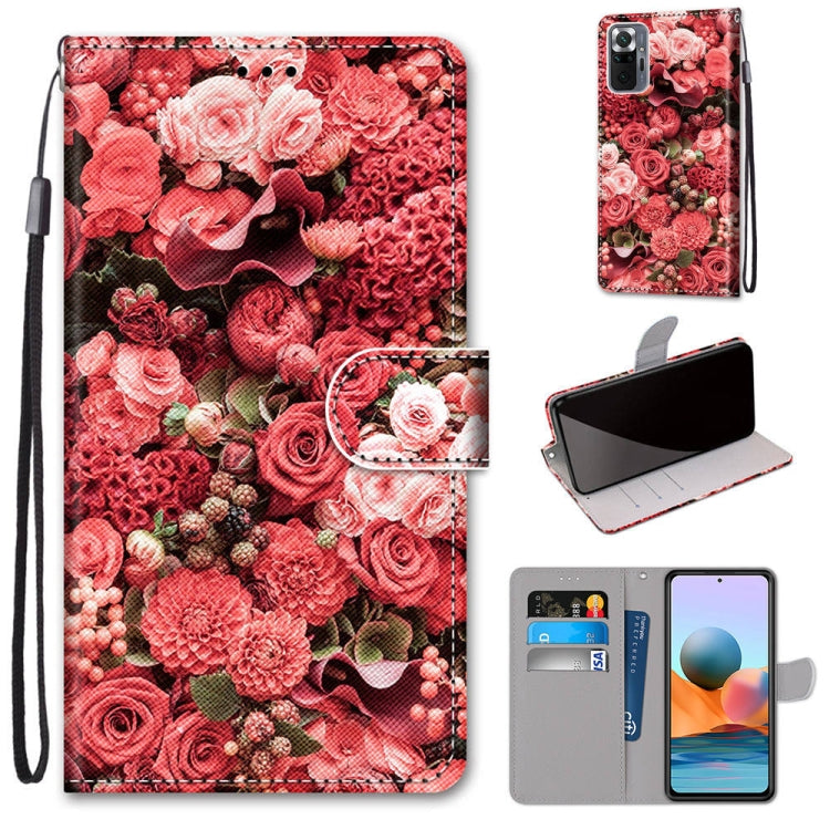 Flip PU leather phone wallet case with red rose pattern, card slots, and wrist strap