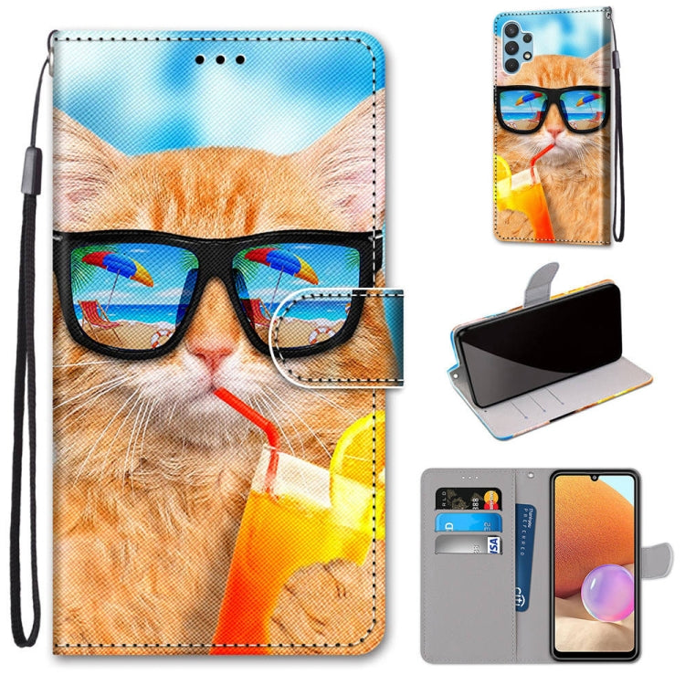 PU leather phone wallet case with lanyard, flip cover, and card holder—orange cat with glasses
