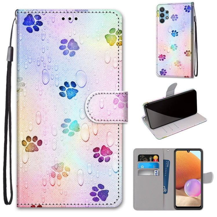 PU leather phone wallet case with lanyard, flip cover, and card holder—colorful paw prints