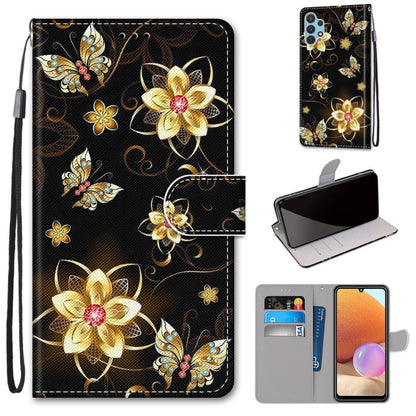 Black PU leather flip phone wallet case with golden butterfly floral print, card slots.