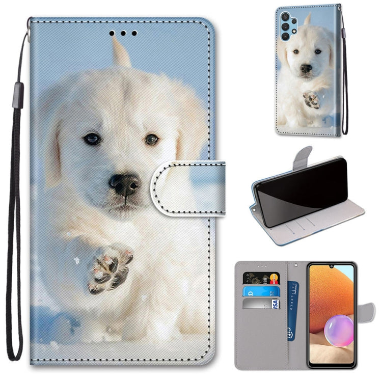 Blue PU leather flip phone wallet case with white puppy dog print and card slots.