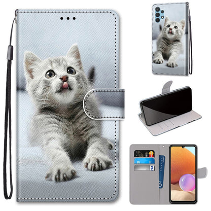 Light gray cat print PU leather flip phone wallet case with card slots and lanyard.