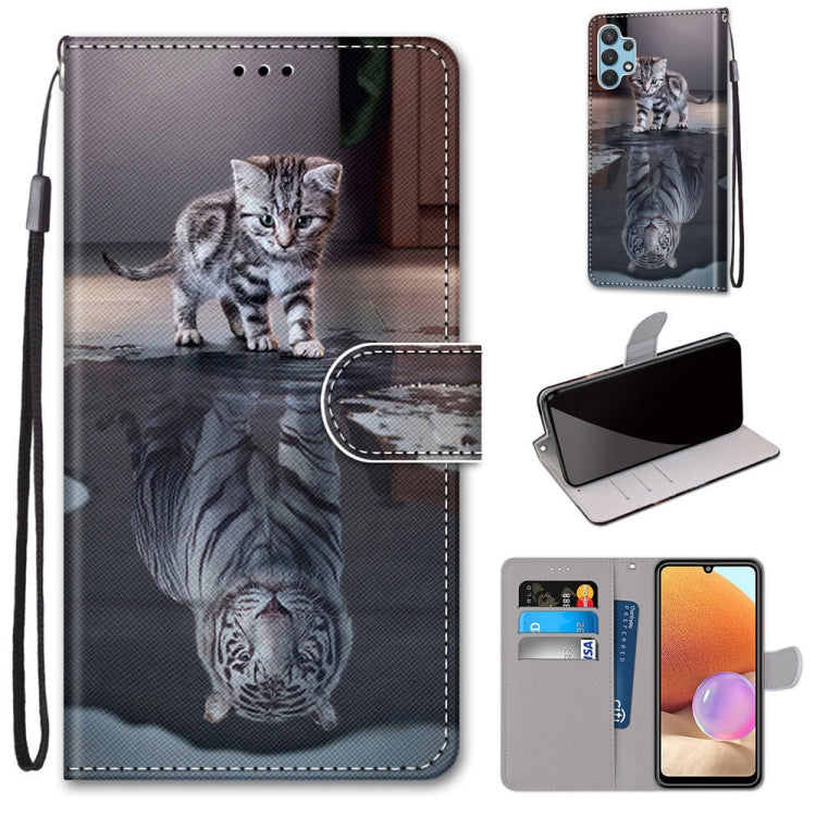 Gray cat portrait PU leather flip phone wallet case with card slots and lanyard.