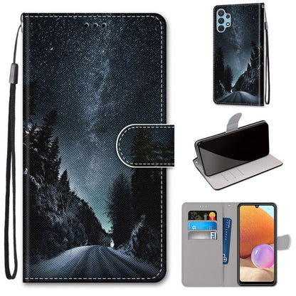 Dark night mountain tree print PU leather flip phone wallet case with card slots.