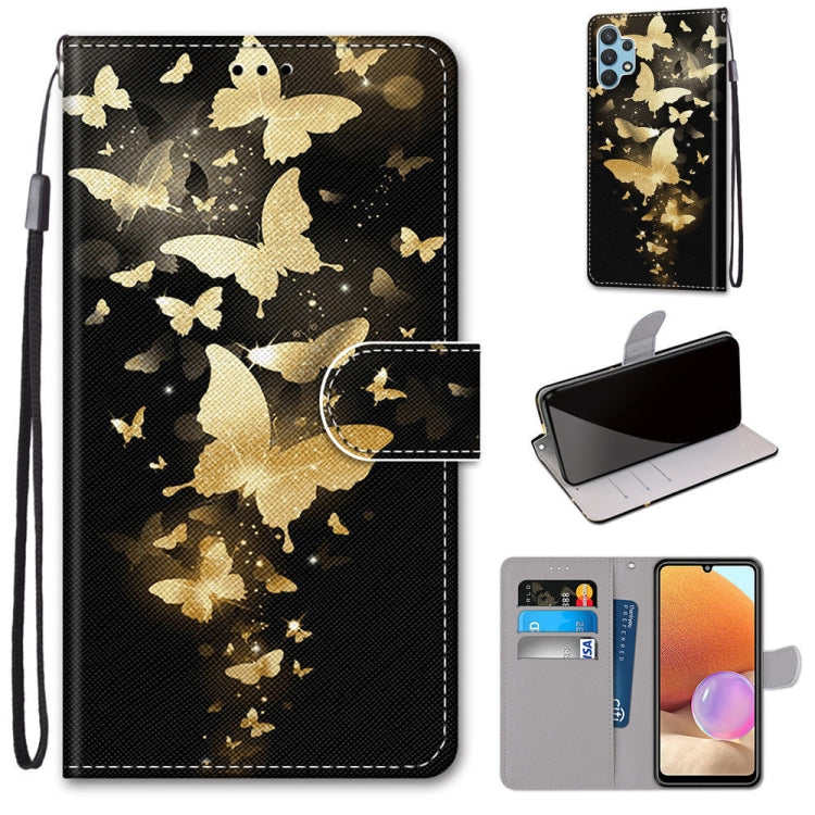 Black and gold butterfly print PU leather flip phone wallet case with card slots and lanyard.