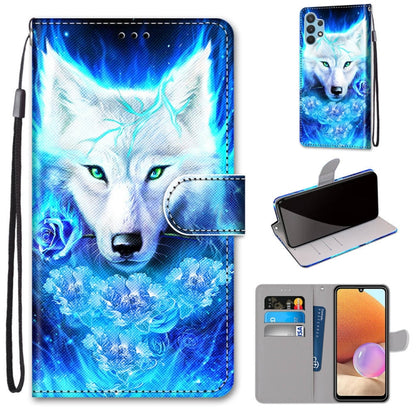 PU leather flip phone wallet case with card slots and lanyard, blue wolf print