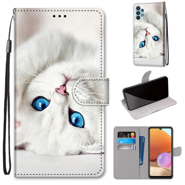 PU leather flip phone wallet case with card slots and lanyard, white cat print