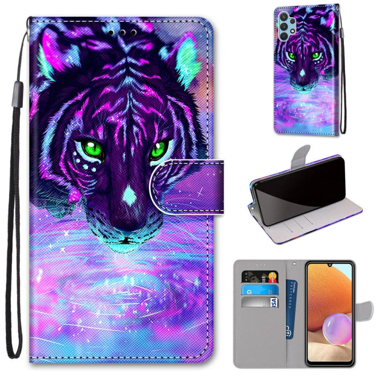 PU leather flip phone wallet case with card slots and lanyard, purple tiger cat print