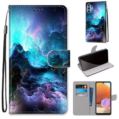 PU leather flip phone wallet case with card slots and lanyard, blue galaxy cloud print