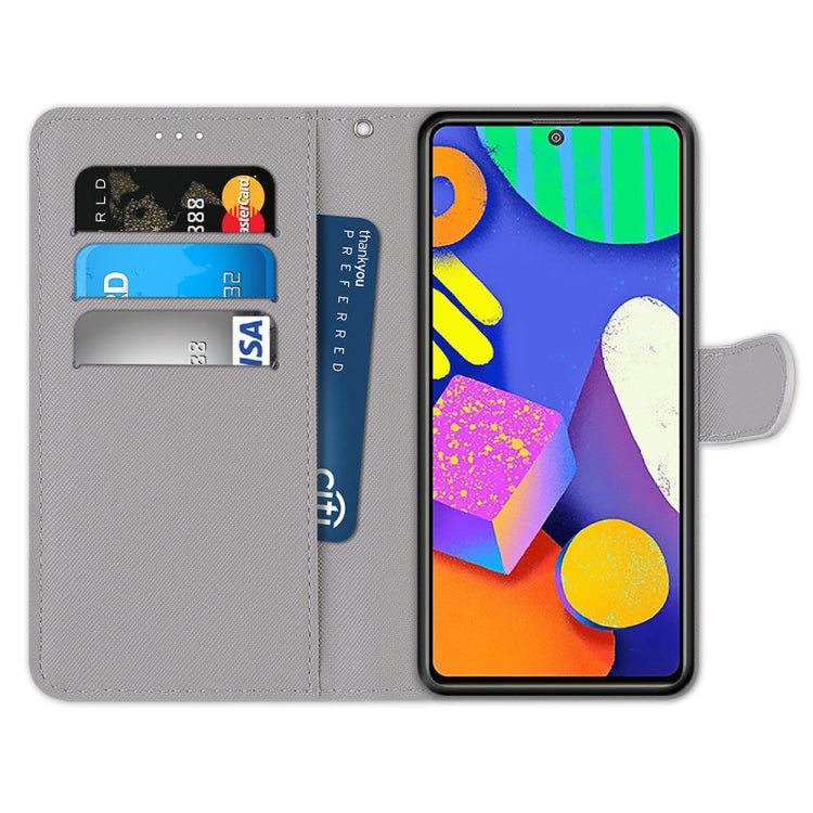 Phone wallet case with flip cover, gray interior card slots, colorful phone front