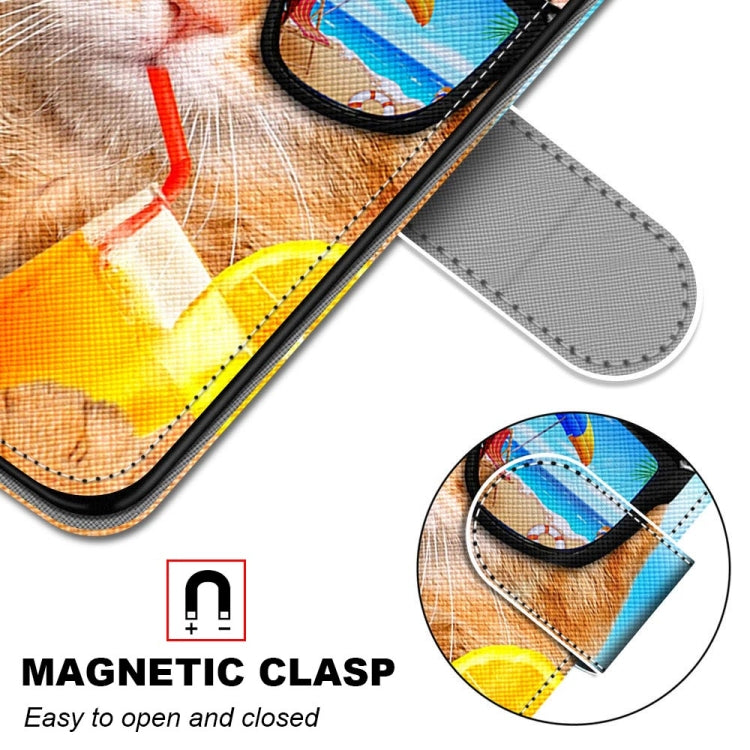 Phone wallet case corner with magnetic clasp, cat illustration close-up