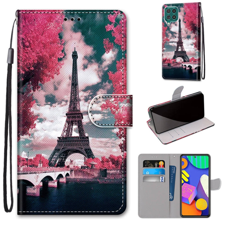 Phone wallet case with flip cover, Eiffel Tower illustration, card slots, and lanyard